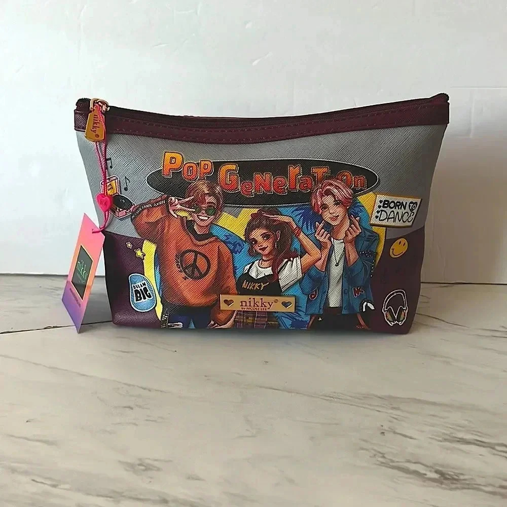 Nikky By Nicole Lee Cosmetic Pouch Bag Pop Generation Gray/Burgundy